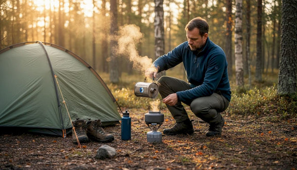 En friluftsentusiast häller upp vatten i en kaffepanna vid sin lägerplats i skogen.
