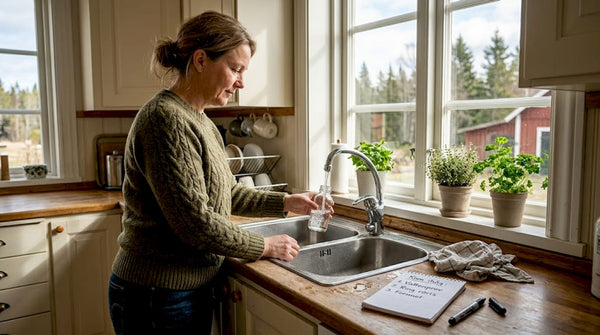 Swedish homeowner collecting water sample at sink