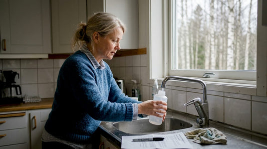 Homeowner collecting water sample in Swedish kitchen