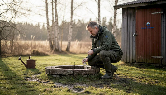 Villaägare tar vattenprov vid brunnen på landet