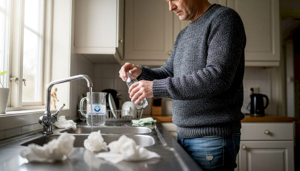 Man tar ett vattenprov direkt från kökskranen hemma för att kontrollera kvaliteten på dricksvattnet.