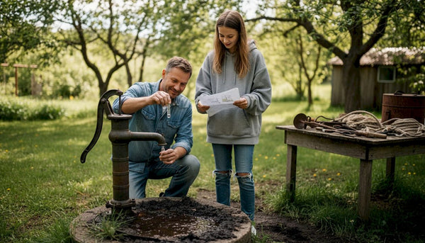 Family collecting sample at backyard well