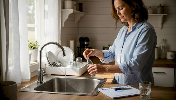 Kvinna tar ett vattenprov i sitt hemmakök