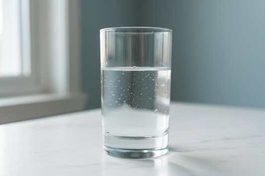 Ett rent dricksglas med klart vatten, illustrerar hälsosamt vatten och vikten av fluoridanalyser, som utförs av svensktvattenprov.se.