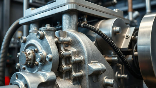 Hydraulmotor med detaljerade metalldelar och slangar.