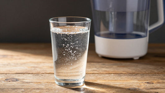 Rent dricksvatten i ett glas med solljus.