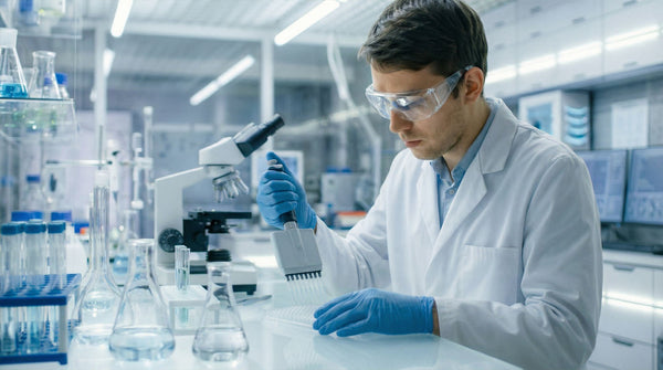 Bilden visar ett ackreterat laboratorium där en vattenanalytiker kontrollerar vattenkvaliten från ett vattenprov via svensktvattenprov.se