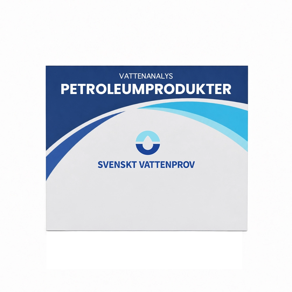 Vattenanalys Petroleumprodukter – kartong från Svenskt Vattenprov för analys av oljeföroreningar i vatten