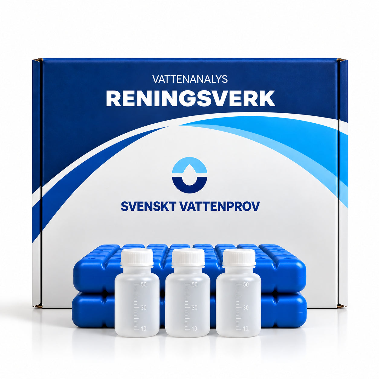 Provtagningskit för vattenanalys av utgående vatten från reningsverk – kartong märkt RENINGSVERK med provflaskor, kylklampar och returetikett