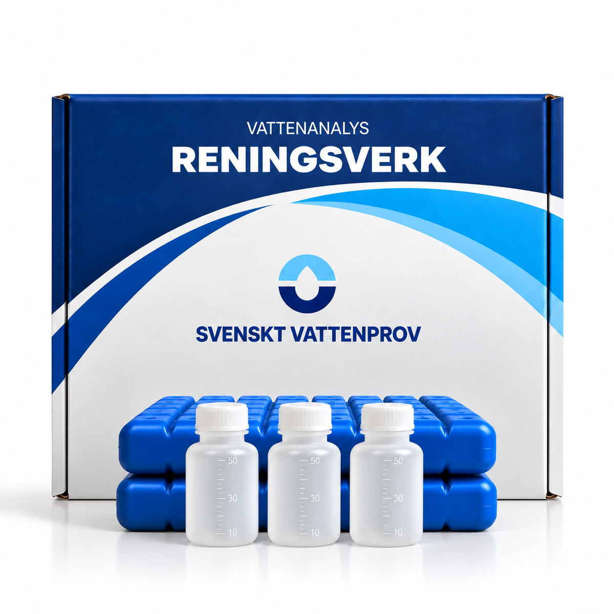 Provtagningskit för vattenanalys av utgående vatten från reningsverk – kartong märkt RENINGSVERK med provflaskor, kylklampar och returetikett